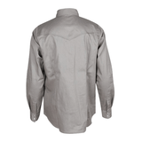 The ForgeFR Ladies Solid Snap Shirt LFRSLD is a long-sleeved, light gray flame resistant work shirt shown from the back, with a pointed yoke and buttoned cuffs—ideal for dependable protection.