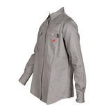 The ForgeFR Forge FR Ladies Solid Snap Shirt LFRSLD is a long-sleeve, light gray women's flame resistant workwear shirt with snap buttons and two chest pockets—one bearing a small red flame logo—shown on a white background.