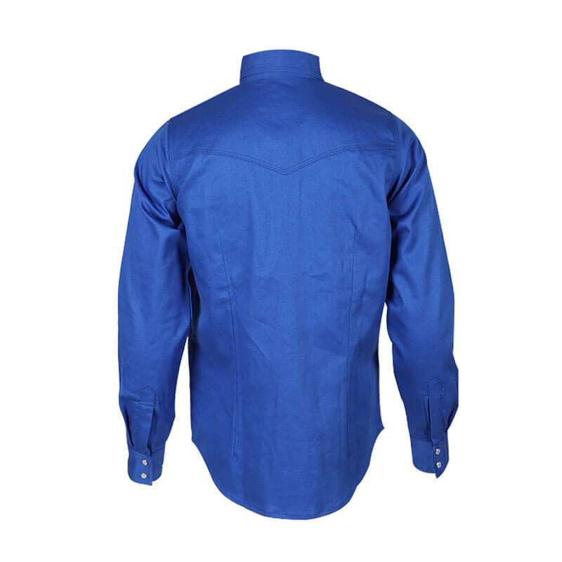 The ForgeFR Forge FR Ladies Solid Snap Shirt LFRSLD is a long-sleeve, snap-up blue FR shirt shown from the back. It showcases a yoke design and snap cuffs, crafted with durable aramid sewing thread to ensure safety and quality in compliance with NFPA 2112 standards.