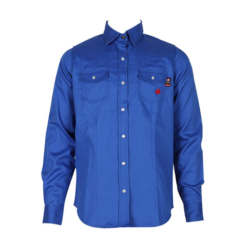 The ForgeFR Ladies Solid Snap Shirt LFRSLD is a blue FR shirt featuring long sleeves and a collared button-up design. It includes two front chest pockets with snap closures, sewn using durable aramid sewing thread, and sports a small red emblem on the left pocket. Crafted to meet NFPA 2112 standards, this shirt offers both safety and classic style.