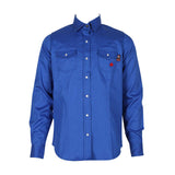 The ForgeFR Ladies Solid Snap Shirt LFRSLD is a blue FR shirt featuring long sleeves and a collared button-up design. It includes two front chest pockets with snap closures, sewn using durable aramid sewing thread, and sports a small red emblem on the left pocket. Crafted to meet NFPA 2112 standards, this shirt offers both safety and classic style.