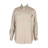 Introducing the ForgeFR "Forge FR Ladies Solid Snap Shirt LFRSLD": This beige long-sleeve fire-resistant shirt features a classic collar and two chest pockets with button flaps. Each pocket is adorned with a small embroidered logo, crafted using durable aramid sewing thread. The design complies with NFPA 2112 standards, photographed against a plain backdrop.