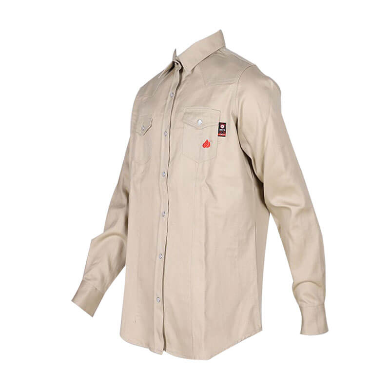The ForgeFR Ladies Solid Snap Shirt LFRSLD is a beige, long-sleeve FR work shirt for women with two chest pockets and a small safety label, shown on an invisible mannequin against a white background.