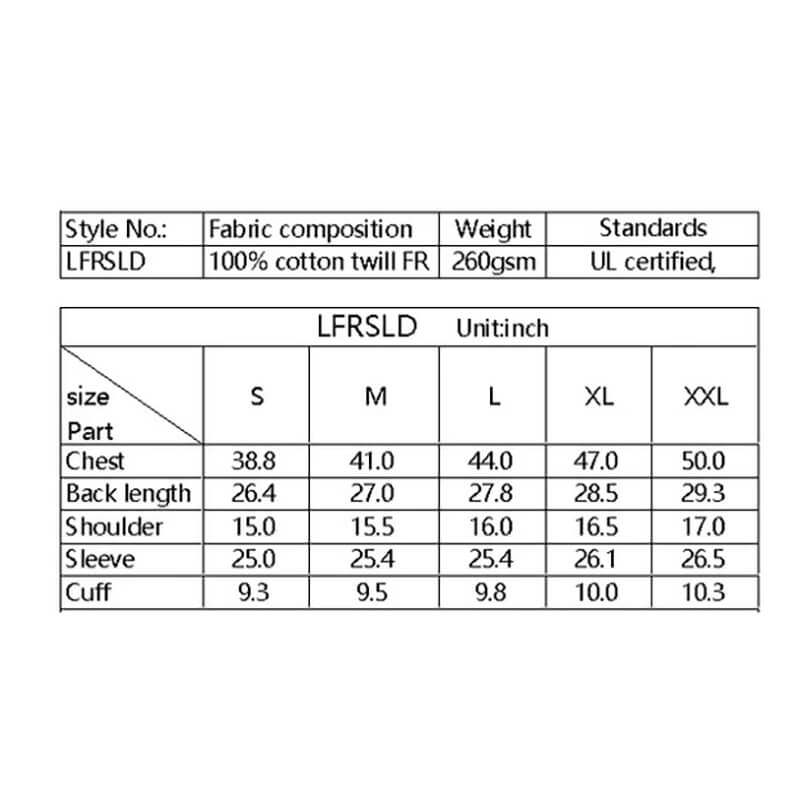 The ForgeFR Forge FR Ladies Solid Snap Shirt LFRSLD size chart lists measurements in inches for S-XXL—chest, back length, shoulder, sleeve, and cuff. Info on flame resistant fabric, weight, and certifications appears above.