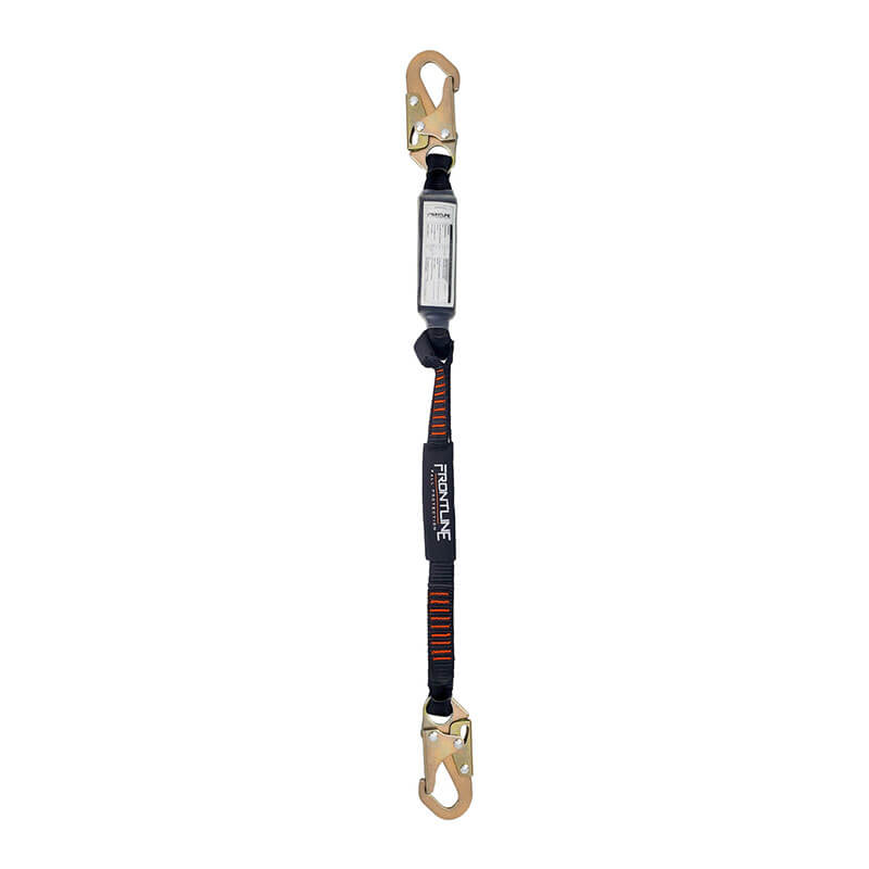 The Frontline Combat 3' Single Leg Snaphook Lanyard w/Shock Absorber by Frontline Fall Protection features a black and orange webbed strap, two metal hooks, and a center shock absorber for lightweight durability.