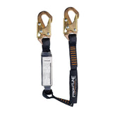 The Frontline Combat 3' Single Leg Snaphook Lanyard w/Shock Absorber by Frontline Fall Protection features lightweight, durable black webbing with orange stitching, dual metal hooks, an internal shock absorber, and trusted "FRONTLINE" labeling.