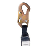A close-up of the Frontline Fall Protection Combat 3' Single Leg Snaphook Lanyard with Shock Absorber attached to a black strap. The metal hook features a secure locking mechanism for enhanced safety in fall protection systems.