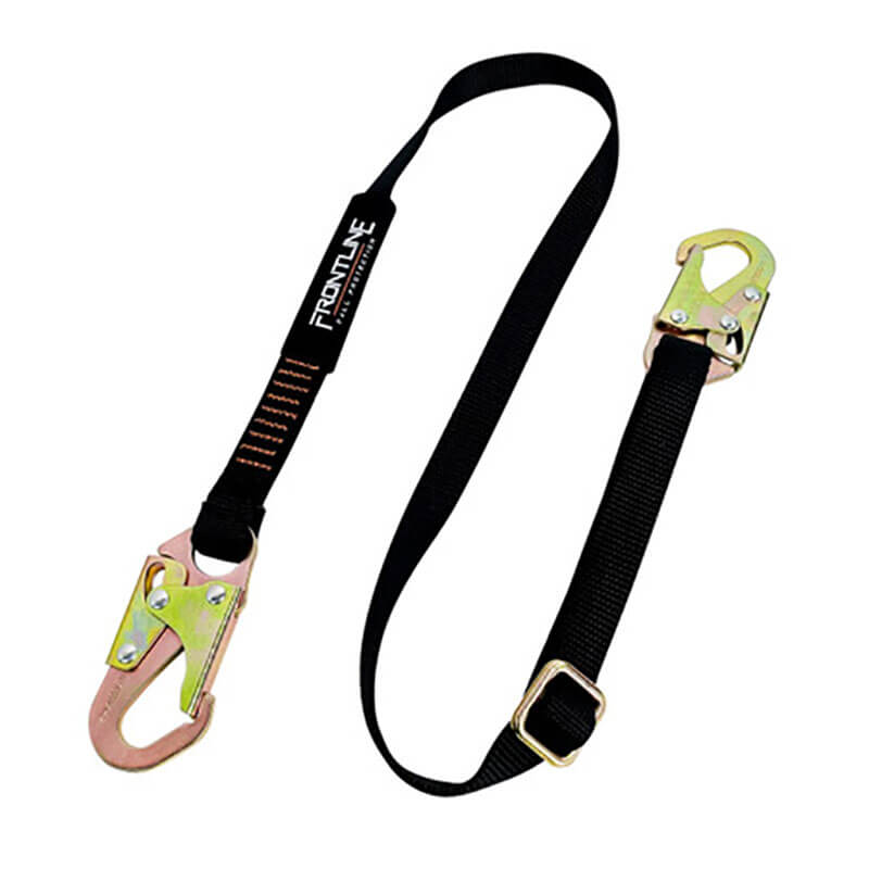 The Frontline Combat Positioning 6' Adjustable Restraint Lanyard by Frontline Fall Protection is a black lanyard with snaphook ends, metal buckles, durable stitching, and a labeled tag—designed to reduce fall hazards in the workplace.