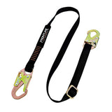 The Frontline Combat Positioning 6' Adjustable Restraint Lanyard by Frontline Fall Protection is a black lanyard with snaphook ends, metal buckles, durable stitching, and a labeled tag—designed to reduce fall hazards in the workplace.