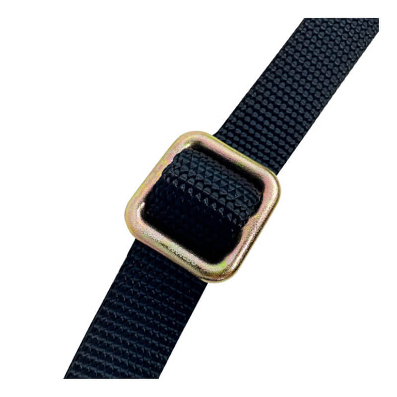 A close-up of the black textured strap of the Frontline Combat Positioning 6' Adjustable Restraint Lanyard by Frontline Fall Protection, threaded through a rounded square metal buckle against a white background.