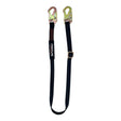 The Frontline Combat Positioning 6' Adjustable Restraint Lanyard by Frontline Fall Protection features snaphook ends, metal hooks, and a center buckle for fall hazard protection. It is black and includes a "Frontline" label.