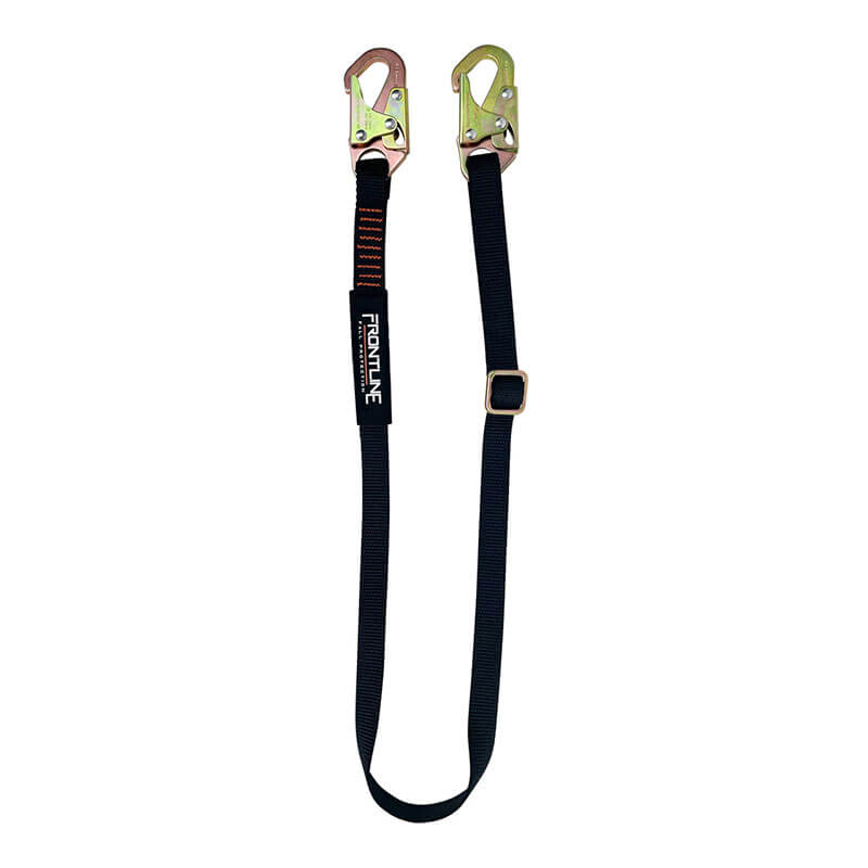 The Frontline Combat Positioning 6' Adjustable Restraint Lanyard by Frontline Fall Protection features snaphook ends, metal hooks, and a center buckle for fall hazard protection. It is black and includes a "Frontline" label.