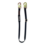 The Frontline Combat Positioning 6' Adjustable Restraint Lanyard by Frontline Fall Protection features snaphook ends, metal hooks, and a center buckle for fall hazard protection. It is black and includes a "Frontline" label.
