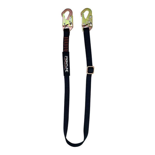 The Frontline Combat Positioning 6' Adjustable Restraint Lanyard by Frontline Fall Protection features snaphook ends, metal hooks, and a center buckle for fall hazard protection. It is black and includes a "Frontline" label.