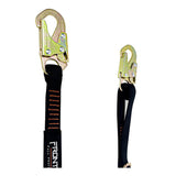 Two Frontline Fall Protection Combat Positioning 6' Adjustable Restraint Lanyards with gold snaphook ends and locking mechanisms are shown. One lanyard has a stitched "FRONT" label for added fall safety.