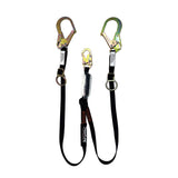 The Frontline Combat 6' Tie-Back Twin Leg Lanyard w/Shock Absorb by Frontline Fall Protection features a twin-leg design with shock absorber and metal snap hooks, providing fall protection for construction or industrial work.
