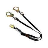The Frontline Combat 6' Tie-Back Twin Leg Lanyard w/Shock Absorb by Frontline Fall Protection features black double legs, a silver shock absorber, metal connectors, and two large yellow-gold hooks for reliable fall protection.