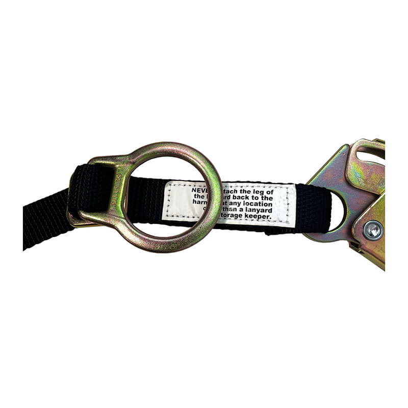 A close-up of a black Frontline Combat 6' Tie-Back Twin Leg Lanyard with shock absorber and metallic hardware by Frontline Fall Protection, featuring a safety label, compatible with double leg lanyards for added security against a white background.