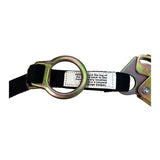 A close-up of a black Frontline Combat 6' Tie-Back Twin Leg Lanyard with shock absorber and metallic hardware by Frontline Fall Protection, featuring a safety label, compatible with double leg lanyards for added security against a white background.