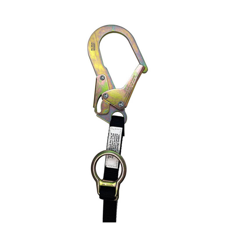 The Frontline Fall Protection Combat 6' Tie-Back Twin Leg Lanyard with Shock Absorb features a metal snap hook, black strap with D-ring, and white label, offering reliable fall protection for construction or climbing.