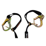 Two Frontline Combat 6' Tie-Back Twin Leg Lanyards by Frontline Fall Protection are shown, featuring black straps with orange stitching, black tags with white text, and large gold spring-loaded hooks.