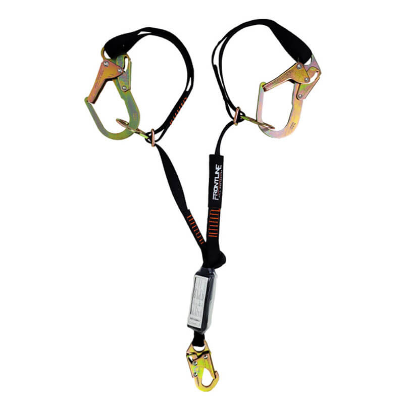 The Frontline Fall Protection Combat 6' Tie-Back Twin Leg Lanyard w/Shock Absorb features two hooks and a connecting strap, providing reliable fall protection when used with safety harness systems.
