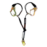 The Frontline Fall Protection Combat 6' Tie-Back Twin Leg Lanyard w/Shock Absorb features two hooks and a connecting strap, providing reliable fall protection when used with safety harness systems.