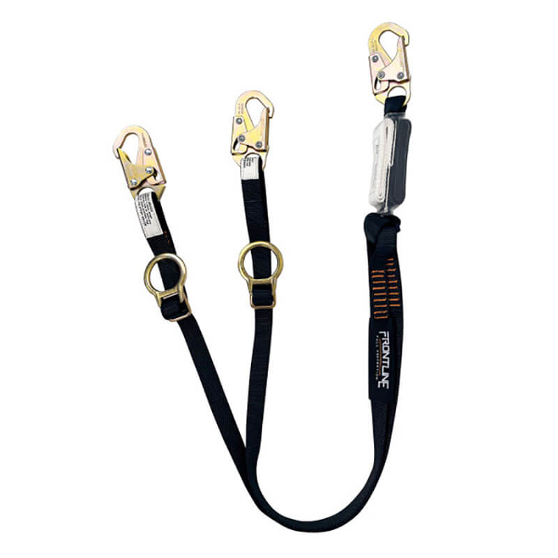 The Frontline Fall Protection Combat 6' Tie-Back Twin Leg Lanyard w/Shock Absorb is black, features three metal hooks, rings, a shock absorber, and "Frontline" branding on the main strap.