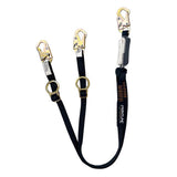 The Frontline Fall Protection Combat 6' Tie-Back Twin Leg Lanyard w/Shock Absorb is black, features three metal hooks, rings, a shock absorber, and "Frontline" branding on the main strap.