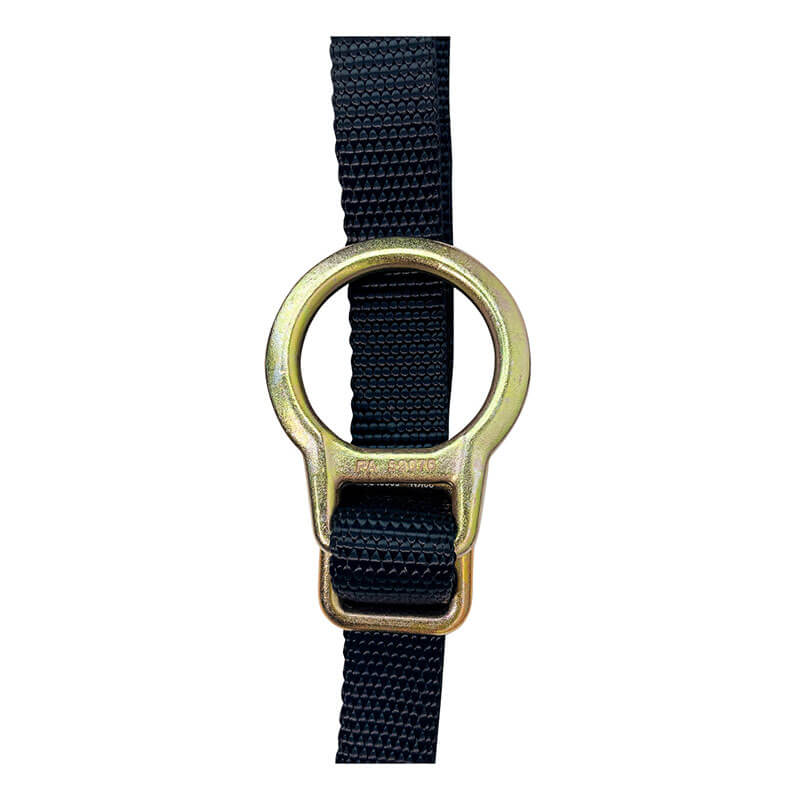 A close-up of a gold-colored metal D-ring connected to a black strap on the Frontline Combat 6' Tie-Back Twin Leg Lanyard w/Shock Absorb by Frontline Fall Protection, shown against a white background.