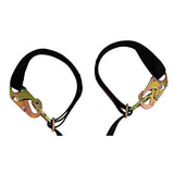 The Frontline Combat 6' Tie-Back Twin Leg Lanyard w/Shock Absorb by Frontline Fall Protection features black nylon loops with gold snap hooks at opposite angles, ideal as tie-back accessories for securing or tethering objects.