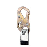 A close-up of the Frontline Fall Protection Combat 6' Tie-Back Twin Leg Lanyard with Shock Absorb features a heavy-duty metal snap hook with safety latch and a visible white label, shown in black and white.