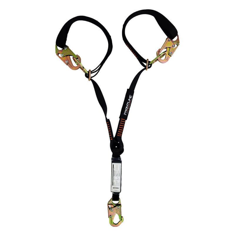 The Frontline Combat 6' Tie-Back Twin Leg Lanyard w/Shock Absorb by Frontline Fall Protection features Y-shaped double legs, three locking carabiners, black straps, and a central energy absorber for enhanced industrial fall safety.