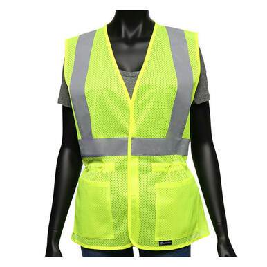 A mannequin displays the PIP ANSI Viz-Up Type R Class 2 Woman's Contoured Vest 47207, a fluorescent yellow design with gray reflective stripes that enhances its high-visibility appeal. This sleeveless vest, boasting a mesh texture, is styled over a gray shirt and accented by silver reflective tape against a plain white background.