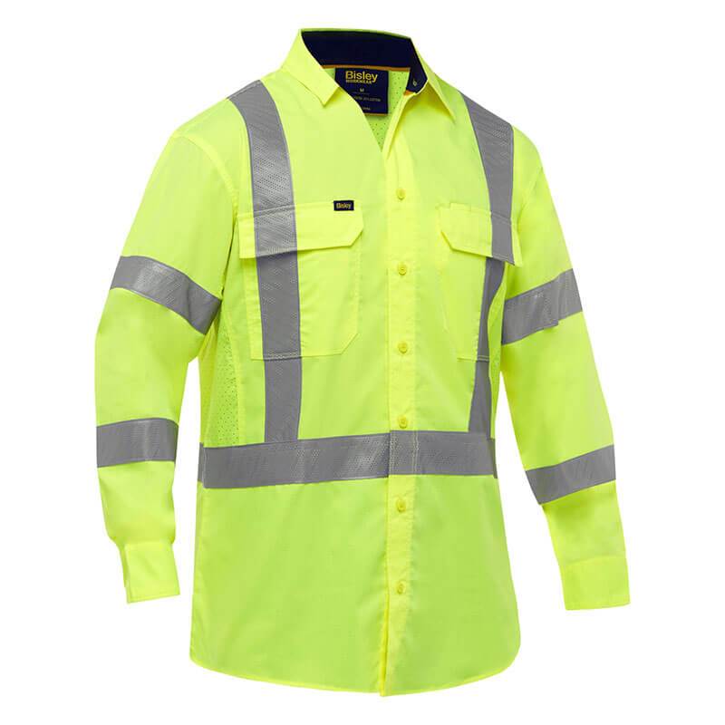 The PIP Bisley X-Back Long Sleeve Work Shirt w/X-Airflow 313M6490X by Protective Industrial Products is a vibrant yellow long-sleeve design featuring gray reflective tape across the chest, back, and sleeves. It includes a button-up front closure and two chest pockets, making it lightweight and ideal for high-visibility needs.