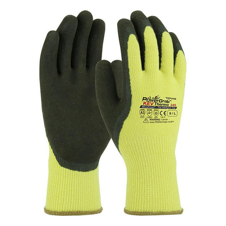 Introducing the PIP PowerGrab KEV Thermo Gloves 09-K1350 from Protective Industrial Products—a set of thermal work gloves in yellow and black designed for cold weather. Certified for safety and equipped with a latex-coated grip, these gloves feature a textured surface to ensure excellent hold and comply with Cut Level A4 standards for enhanced protection.