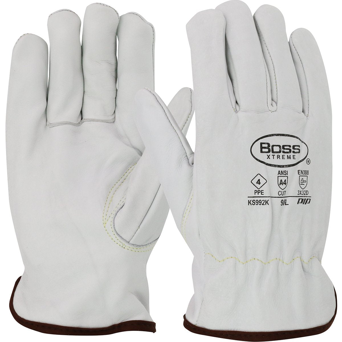 A pair of PIP Boss Xtreme Cowhide Leather Gloves KS992K in white leather with brown trim and Kevlar stitched seams. The back of one glove features the brand "PIP - Protective Industrial Products" and safety certifications such as ANSI A4 and EN388, ensuring superior abrasion resistance.