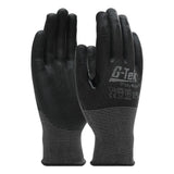 The PIP G-Tek PolyKor Gloves with a nitrile coated foam grip (16-351) are displayed upright. These gloves, from Protective Industrial Products, feature white branding and certification markings on the back, indicating their suitability for safety use and touchscreen compatibility.