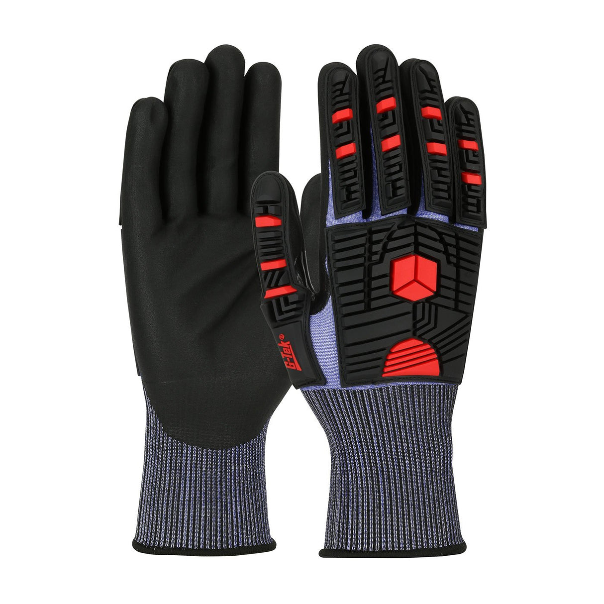 The PIP - Protective Industrial Products G-Tek PolyKor X7 Impact Protection NeoFoam Coated 16-MP585 gloves feature a stylish black and blue design with red accents on the fingers and knuckles. These gloves offer enhanced grip thanks to their NeoFoam coated palm, and their ribbed wrist design ensures both impact protection and added comfort for the wearer.