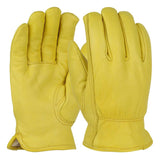 The PIP Premium Top Grain Deerskin Leather Drivers Gloves (9920KT) are shown against a plain white background, featuring one glove facing palm up and the other palm down. These yellow work gloves offer Thinsulate lining for additional warmth, making them ideal for cold weather.