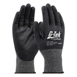 A pair of PIP G-Tek PolyKor Blended Touchscreen Gloves in black and gray, designed to display the palms and backsides. These gloves are equipped with printed text to indicate their cut resistance levels and size, featuring a durable polyurethane coating for extra protection from PIP - Protective Industrial Products.