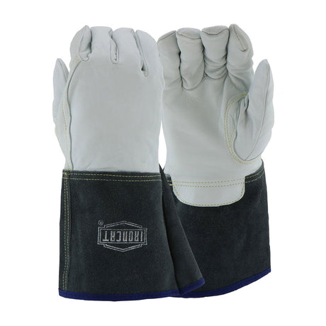 The PIP Ironcat Premium Leather Tig Gloves, produced by Protective Industrial Products, are engineered for heavy-duty use with Top Grain Kidskin Leather palms in white and dark reinforced cuffs featuring a logo. These gloves are fortified with Kevlar for enhanced protection, making them ideal for industrial or construction environments with Arc Flash Level 3 safety. Each offering includes six pairs of gloves.