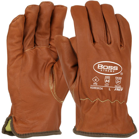 A pair of PIP Boss Xtreme Oil Armor Top Grain Goatskin Gloves, featuring "Boss Xtreme" and safety standards printed in white on the back. Crafted from brown top-grain goatskin leather, these gloves include reinforced stitching for enhanced durability and protection, making them ideal for oil and gas environments.