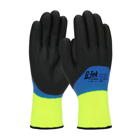 The PIP G-Tek PolyKor w/Lining & Nitrile Foam Grip 41-1415 gloves provide superior safety with their black nitrile foam grip palms and blue-yellow fabric. Ideal for cold weather, these gloves are available in size XL, with detailed protection features clearly labeled.