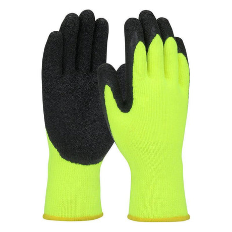 The PIP Economy Hi-Vis Acrylic Gloves by Protective Industrial Products are crafted for cold weather protection, showcasing bright yellow fabric with a black latex crinkle grip on the palms and fingertips. Displayed in an upright position, these gloves highlight their front and back against a plain white background.