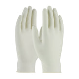 A pair of PIP Ambi-dex Repel Disposable Latex Gloves 62-322PF (10/case) by Protective Industrial Products are pictured with one glove positioned palm up and the other palm down, highlighting their smooth surface and wrist-length design on a white background.