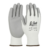 Two seamless knit gloves made with white recycled yarn and featuring a gray rubber coating on the palms, prominently display the "PIP G-Tek ECO Series" logo along with certification symbols, size, and model number. These gloves from PIP - Protective Industrial Products are shown positioned palm up and palm down.