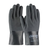 The image displays a pair of PIP ActivGrip Nitrile Coated 10" Gloves (model 56-AG585) from Protective Industrial Products. These black gloves feature MicroFinish Grip on the textured palms and fingers, have branding text on the back, a smooth finish at the wrists, and include a soft cotton liner for enhanced comfort.