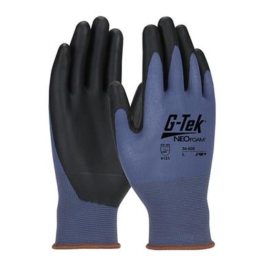 The PIP G-Tek NeoFoam Coated Glove 34-600, available in a pack of twelve pairs, features a seamless knit design in black and gray with the brand logo and safety markings on the back. These gloves from Protective Industrial Products provide excellent grip for industrial or mechanical applications and are designed to be touchscreen compatible for added convenience.