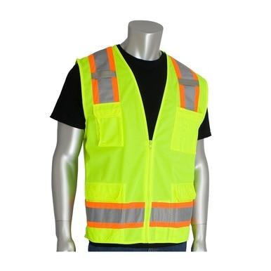 A mannequin showcases the PIP ANSI Class 2 Two-Tone Six-Pocket Surveyor's Vest, a vivid yellow safety vest with orange and gray reflective stripes over a black shirt. This high-visibility apparel, designed by Protective Industrial Products (PIP), is sleeveless, features multiple pockets, and complies with ANSI Class 2 standards.